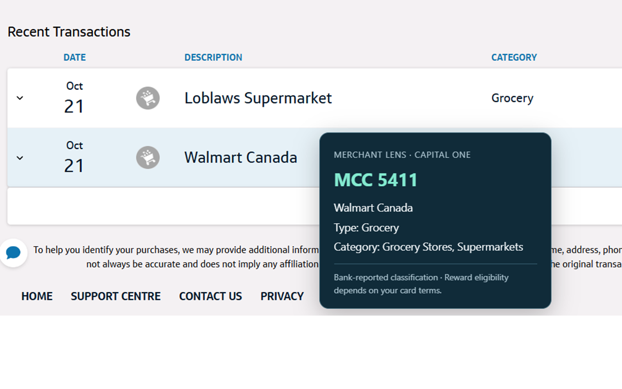 Merchant Lens tooltip on a Capital One Walmart Canada transaction, showing MCC 5411, Type: Grocery, and Category: Grocery Stores, Supermarkets.